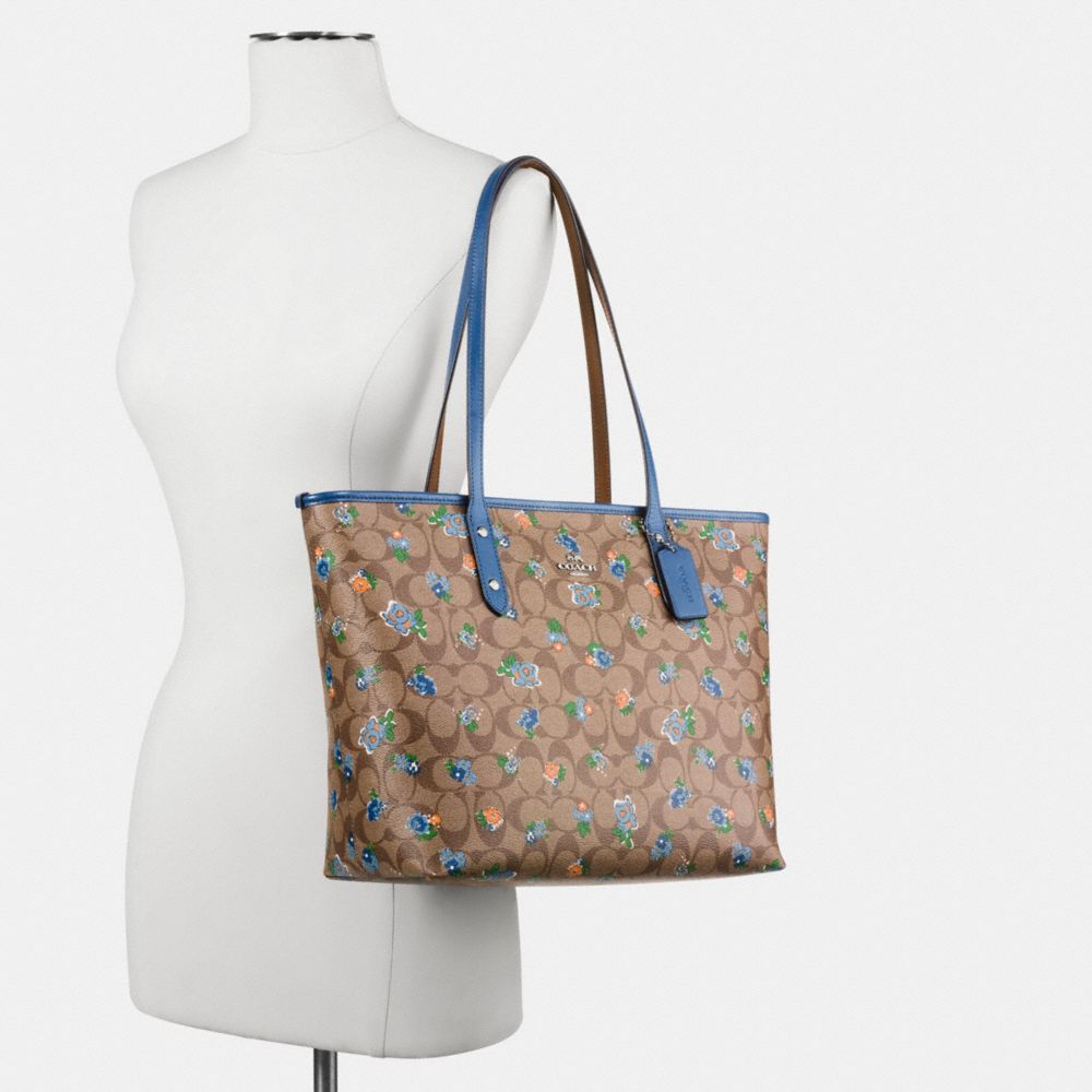 COACH f57888 CITY ZIP TOTE IN FLORAL LOGO PRINT COATED CANVAS SILVER/KHAKI BLUE MULTI