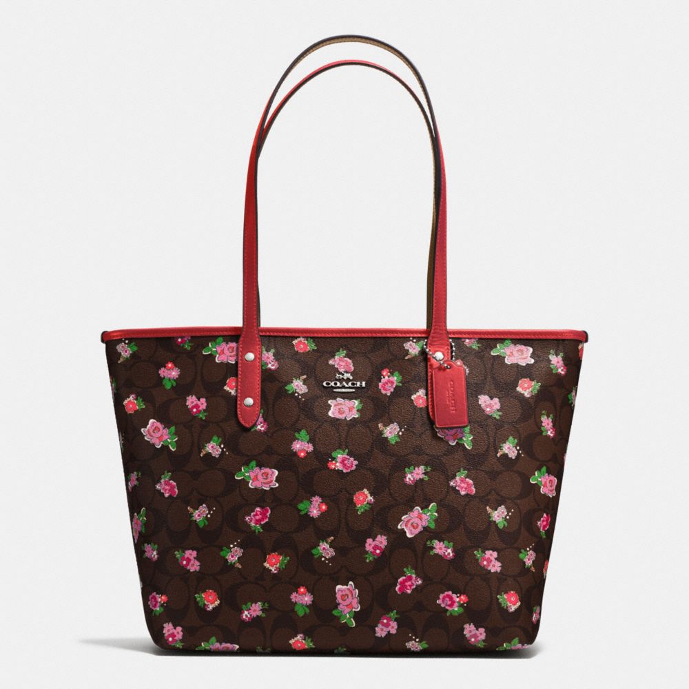 COACH f57888 CITY ZIP TOTE IN FLORAL LOGO PRINT COATED CANVAS SILVER/BROWN RED MULTI