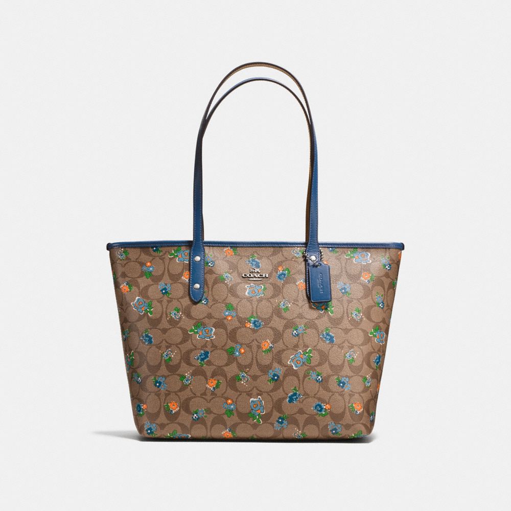 CITY ZIP TOTE IN FLORAL LOGO PRINT COATED CANVAS - f57888 - SILVER/KHAKI BLUE MULTI