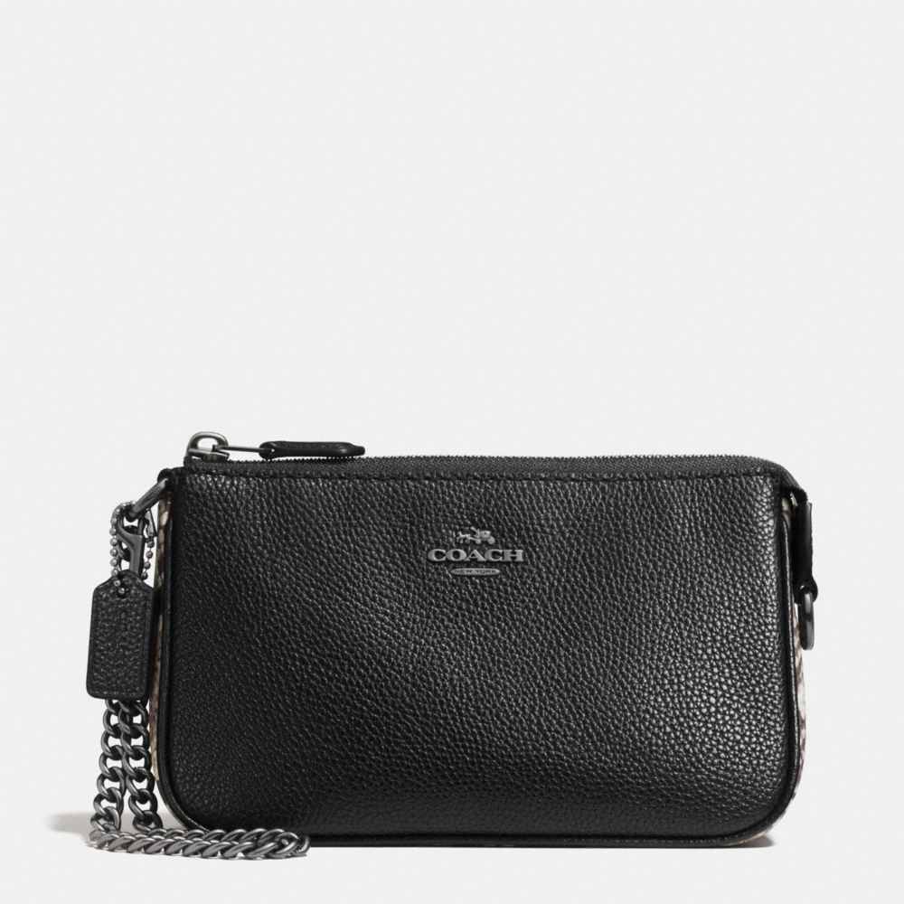 COACH f57932 LARGE WRISTLET 19 WITH SNAKE EMBOSSED LEATHER TRIM ANTIQUE NICKEL/BLACK MULTI