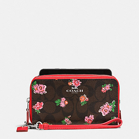 COACH F57959 DOUBLE ZIP PHONE WALLET IN FLORAL LOGO PRINT SILVER/BROWN-RED-MULTI
