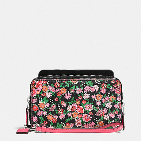 COACH DOUBLE ZIP PHONE WALLET IN POSEY CLUSTER FLORAL PRINT - SILVER/PINK MULTI - f57961