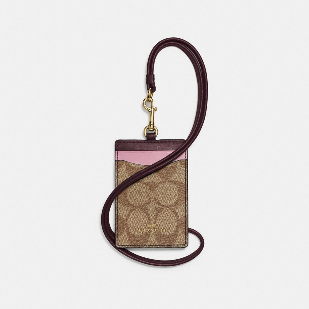 COACH f57964 LANYARD ID CASE IN COLORBLOCK SIGNATURE IMITATION GOLD/KHAKI OXBLOOD MULTI