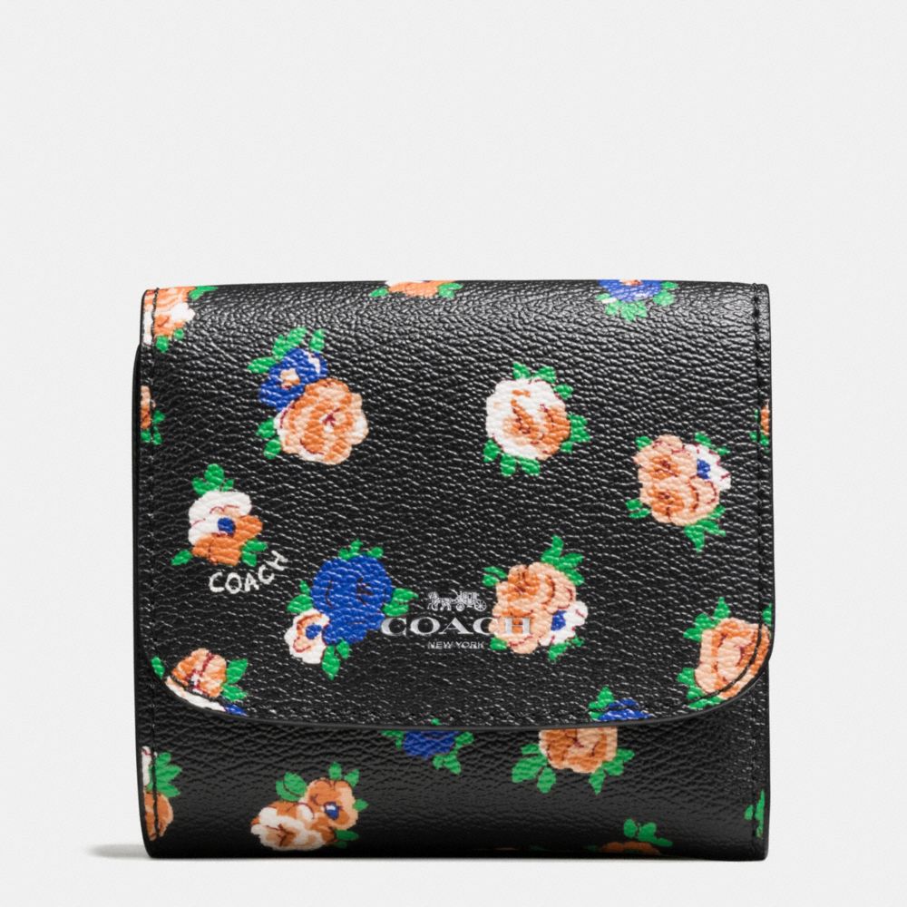 COACH F57976 Small Wallet In Tea Rose Floral Print Coated Canvas SILVER/BLACK MULTI