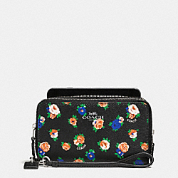 COACH F57977 Double Zip Phone Wallet In Tea Rose Floral Print SILVER/BLACK MULTI