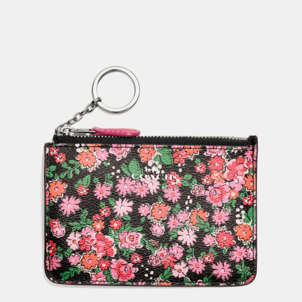 COACH F57984 Key Pouch With Gusset In Posey Cluster Floral Print Coated Canvas SILVER/PINK MULTI