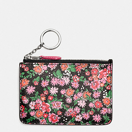 COACH F57984 KEY POUCH WITH GUSSET IN POSEY CLUSTER FLORAL PRINT COATED CANVAS SILVER/PINK-MULTI