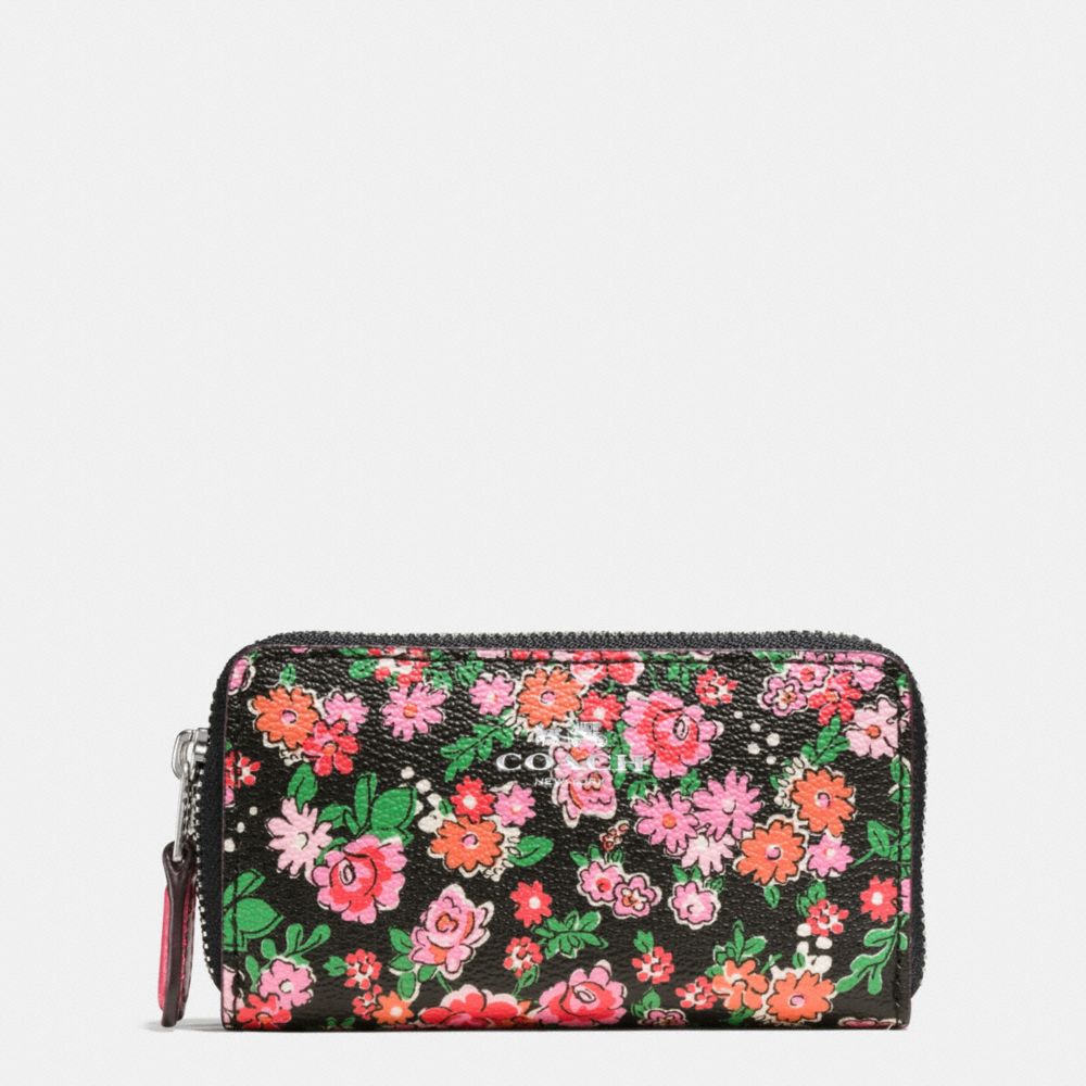 SMALL DOUBLE ZIP COIN CASE IN POSEY CLUSTER FLORAL PRINT - SILVER/PINK MULTI - COACH F57985