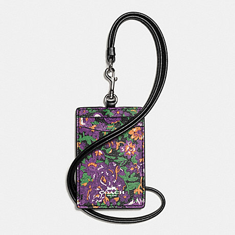 COACH F57990 LANYARD ID IN ROSE MEADOW FLORAL PRINT SILVER/VIOLET-MULTI