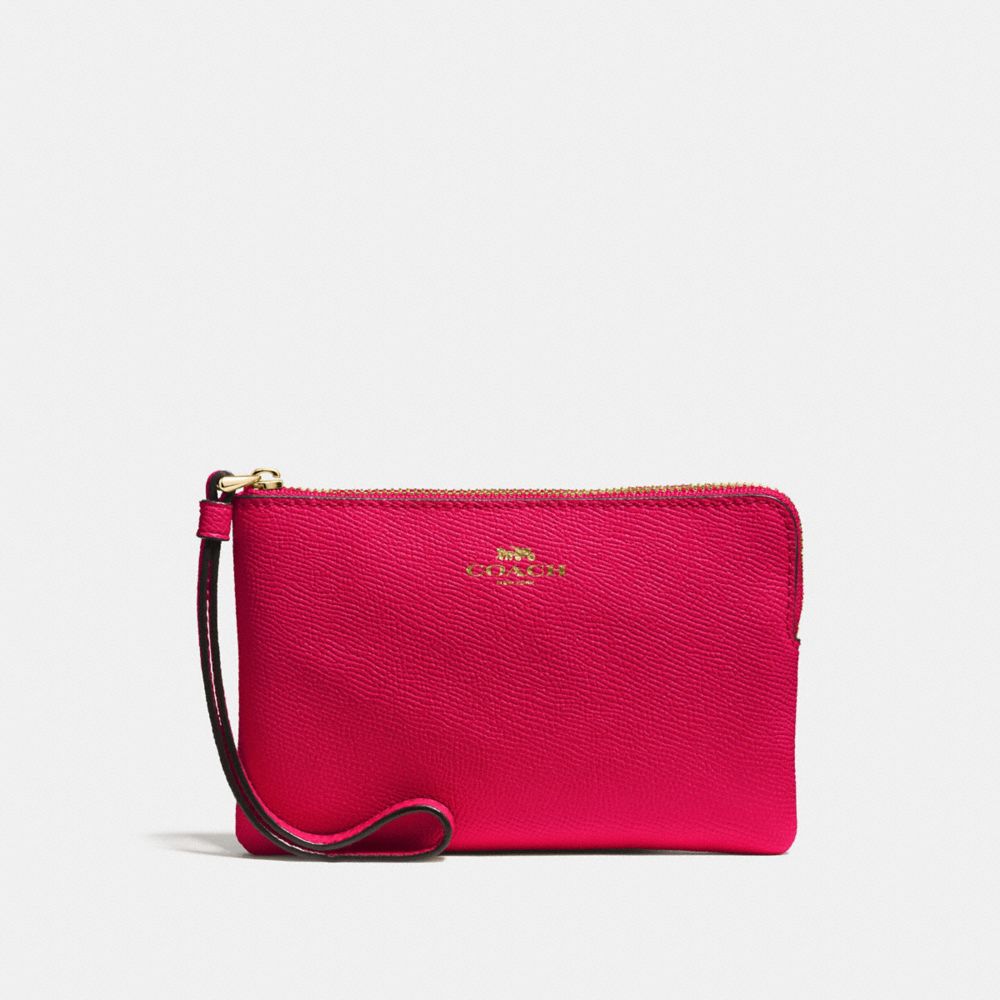 COACH F58032 Corner Zip Wristlet In Crossgrain Leather IMITATION GOLD/BRIGHT PINK