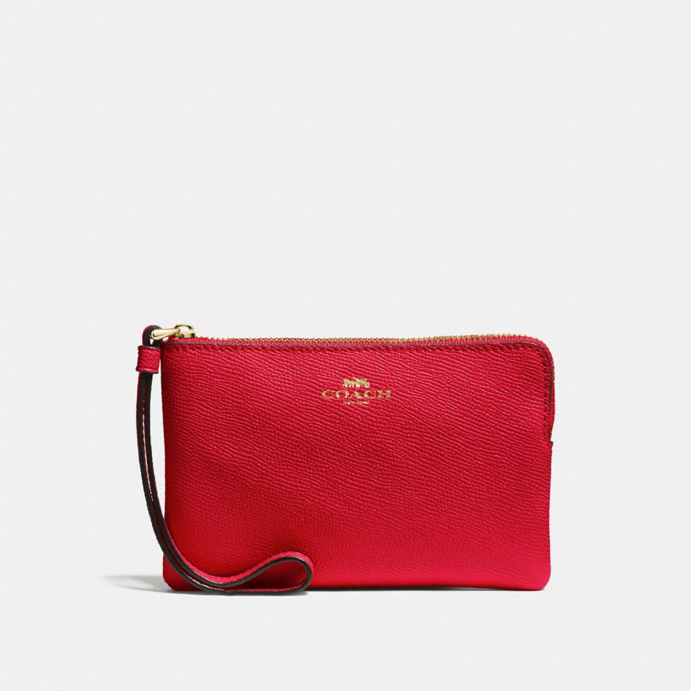 COACH CORNER ZIP WRISTLET IN CROSSGRAIN LEATHER - IMITATION GOLD/TRUE RED - f58032