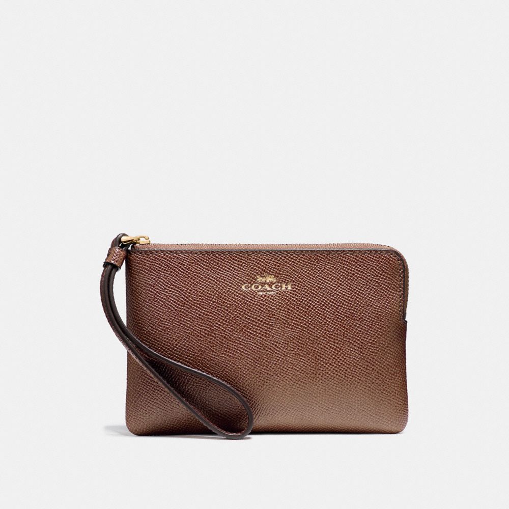 COACH f58032 CORNER ZIP WRISTLET IN CROSSGRAIN LEATHER LIGHT GOLD/SADDLE 2