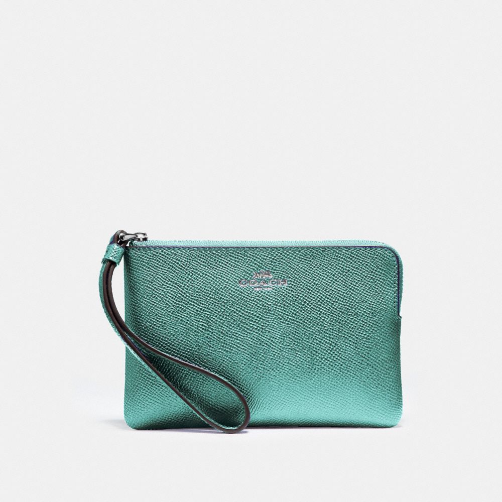 COACH F58032 Corner Zip Wristlet BLUE GREEN/BLACK ANTIQUE NICKEL