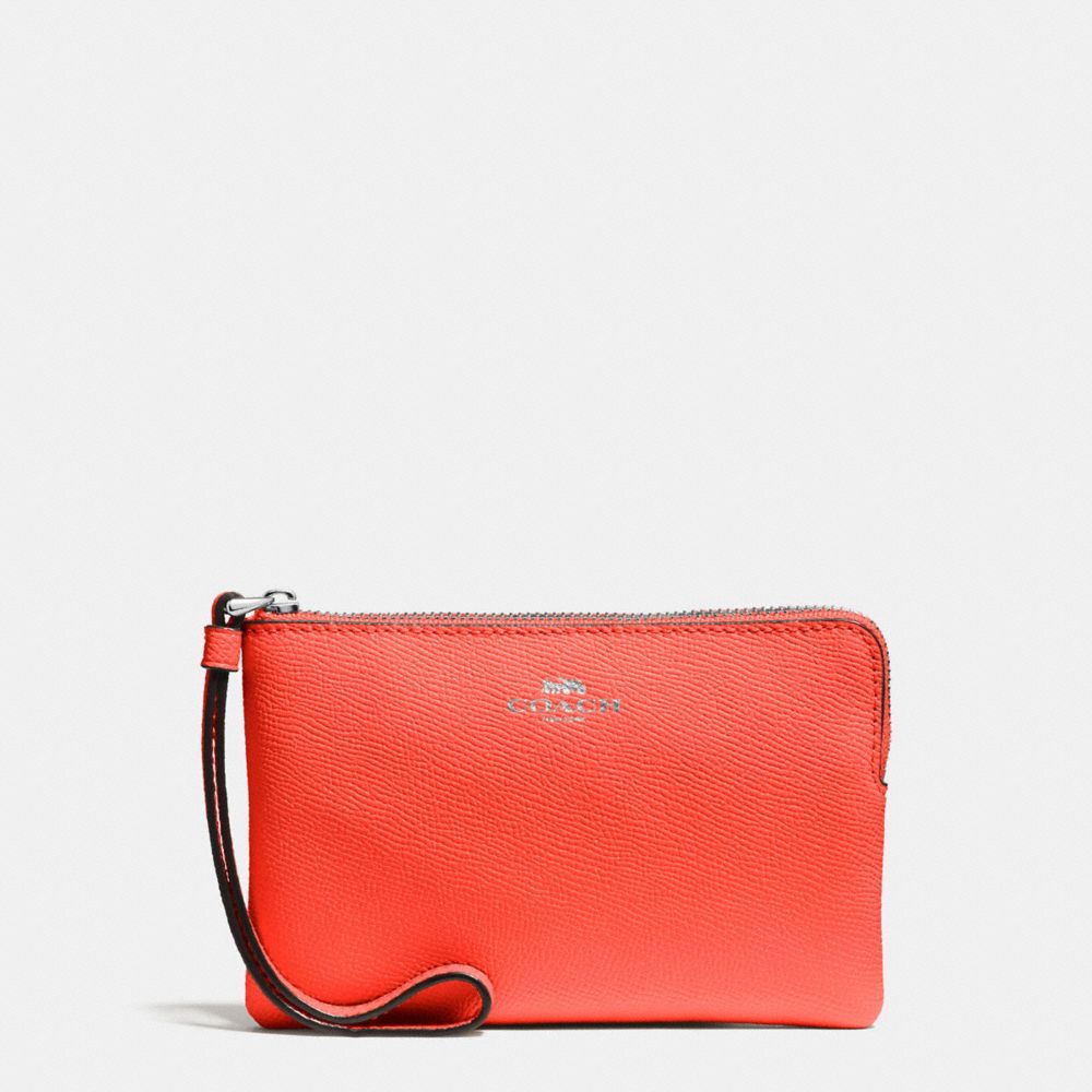 COACH CORNER ZIP WRISTLET IN CROSSGRAIN LEATHER - SILVER/BRIGHT ORANGE - F58032