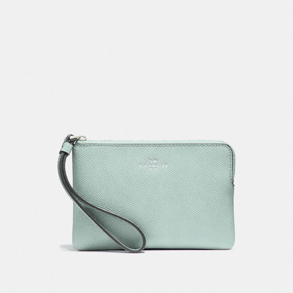 COACH f58032 CORNER ZIP WRISTLET SILVER/SEA GREEN