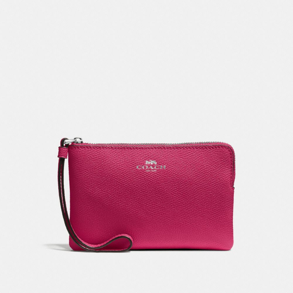 COACH F58032 CORNER ZIP WRISTLET SILVER/HOT-PINK