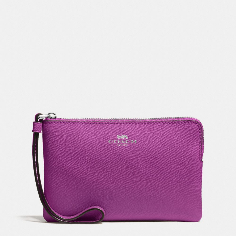 COACH F58032 CORNER ZIP WRISTLET IN CROSSGRAIN LEATHER SILVER/HYACINTH