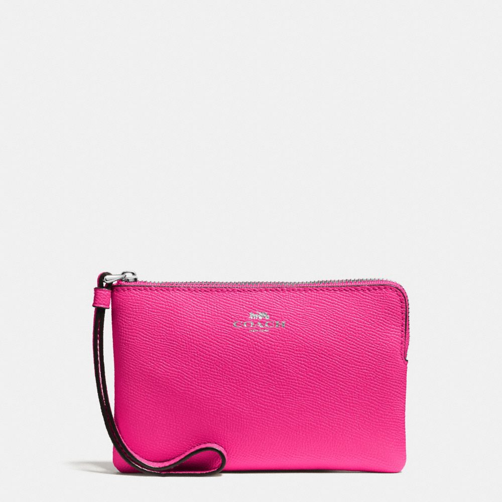COACH F58032 Corner Zip Wristlet In Crossgrain Leather SILVER/BRIGHT FUCHSIA