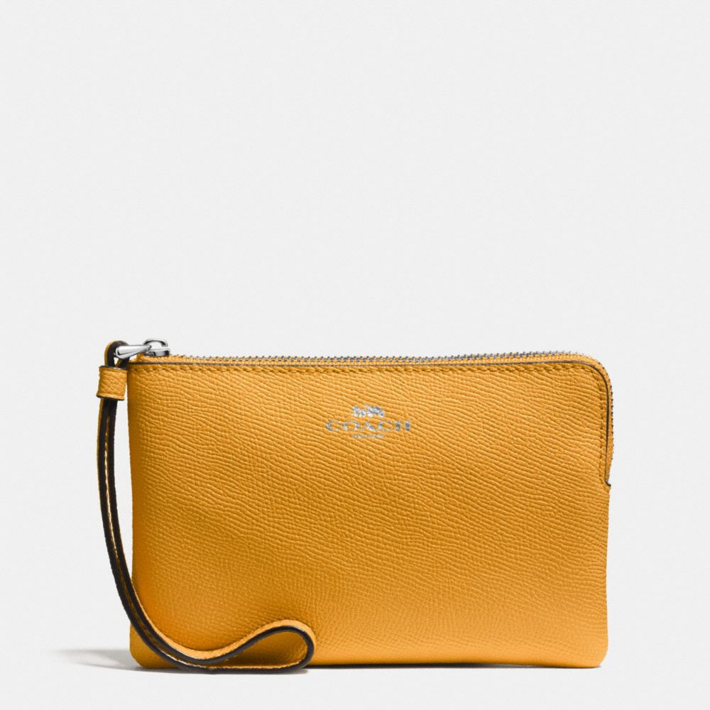 COACH F58032 Corner Zip Wristlet In Crossgrain Leather SILVER/MUSTARD