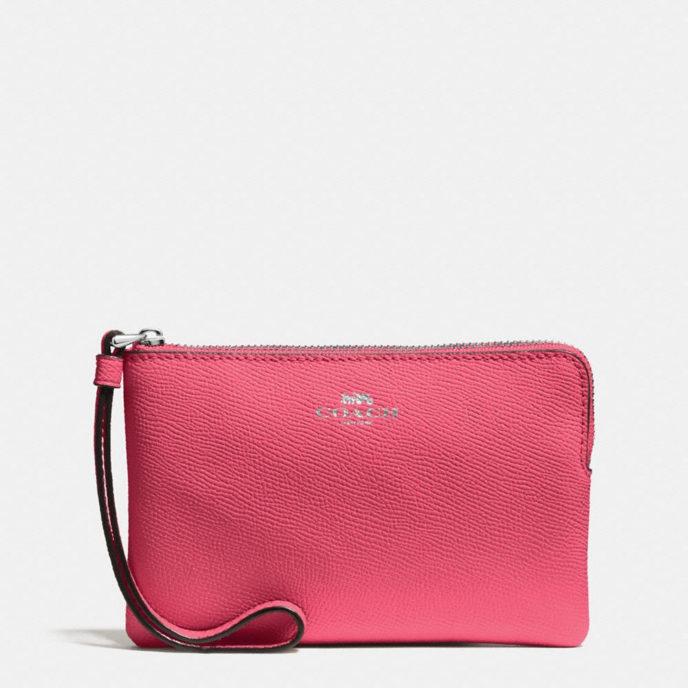 COACH f58032 CORNER ZIP WRISTLET IN CROSSGRAIN LEATHER SILVER/STRAWBERRY