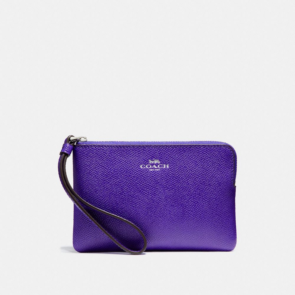 COACH f58032 CORNER ZIP WRISTLET IN CROSSGRAIN LEATHER SILVER/PURPLE