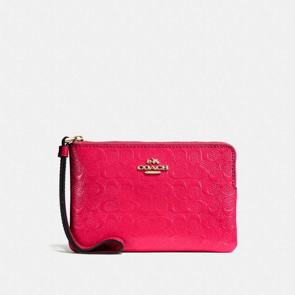 COACH F58034 CORNER ZIP WRISTLET IN SIGNATURE DEBOSSED PATENT LEATHER IMITATION-GOLD/BRIGHT-PINK