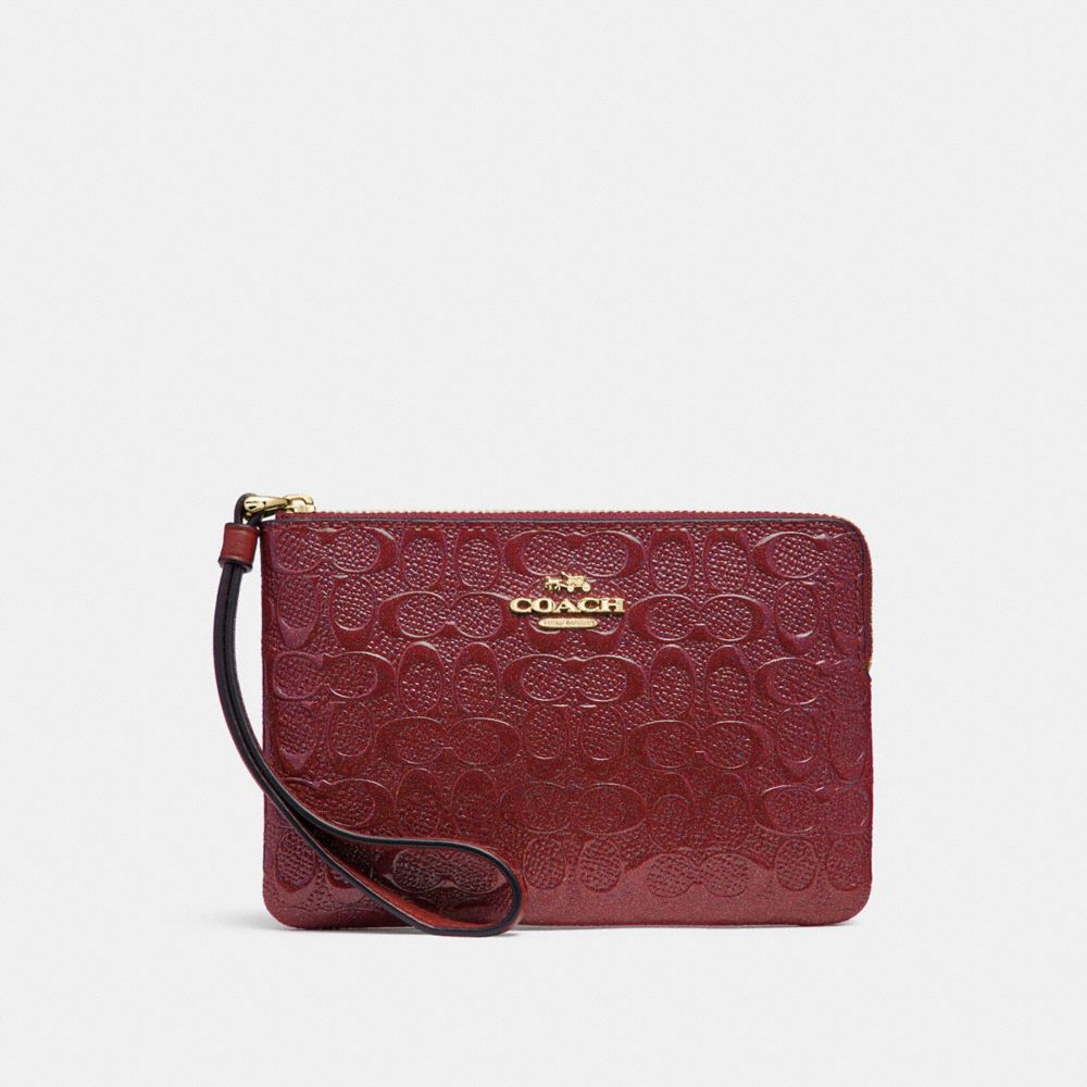 CORNER ZIP WRISTLET IN SIGNATURE LEATHER - F58034 - CHERRY /LIGHT GOLD