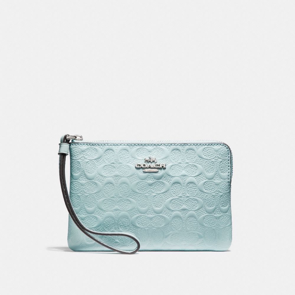 CORNER ZIP WRISTLET IN SIGNATURE DEBOSSED PATENT LEATHER - f58034 - SILVER/AQUA