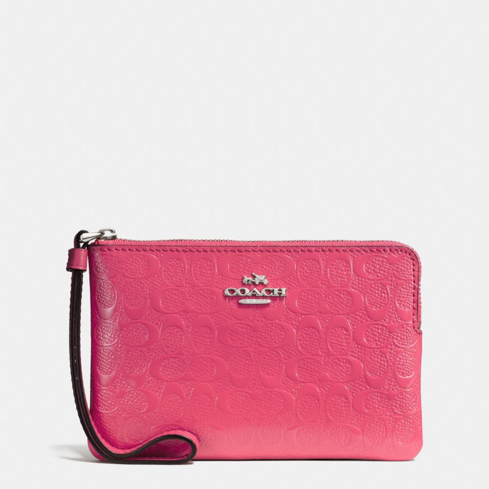 COACH F58034 Corner Zip Wristlet In Signature Debossed Patent Leather SILVER/STRAWBERRY