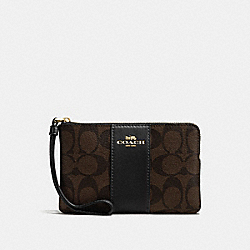 COACH F58035 Corner Zip Wristlet In Signature Coated Canvas With Leather Stripe IMITATION GOLD/BROWN/BLACK