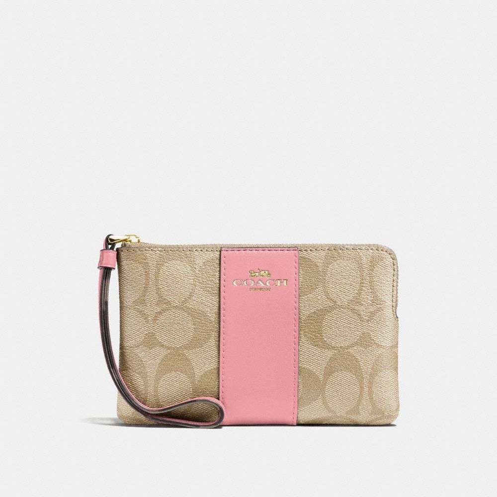 CORNER ZIP WRISTLET IN SIGNATURE CANVAS - f58035 - light khaki/peony/light gold