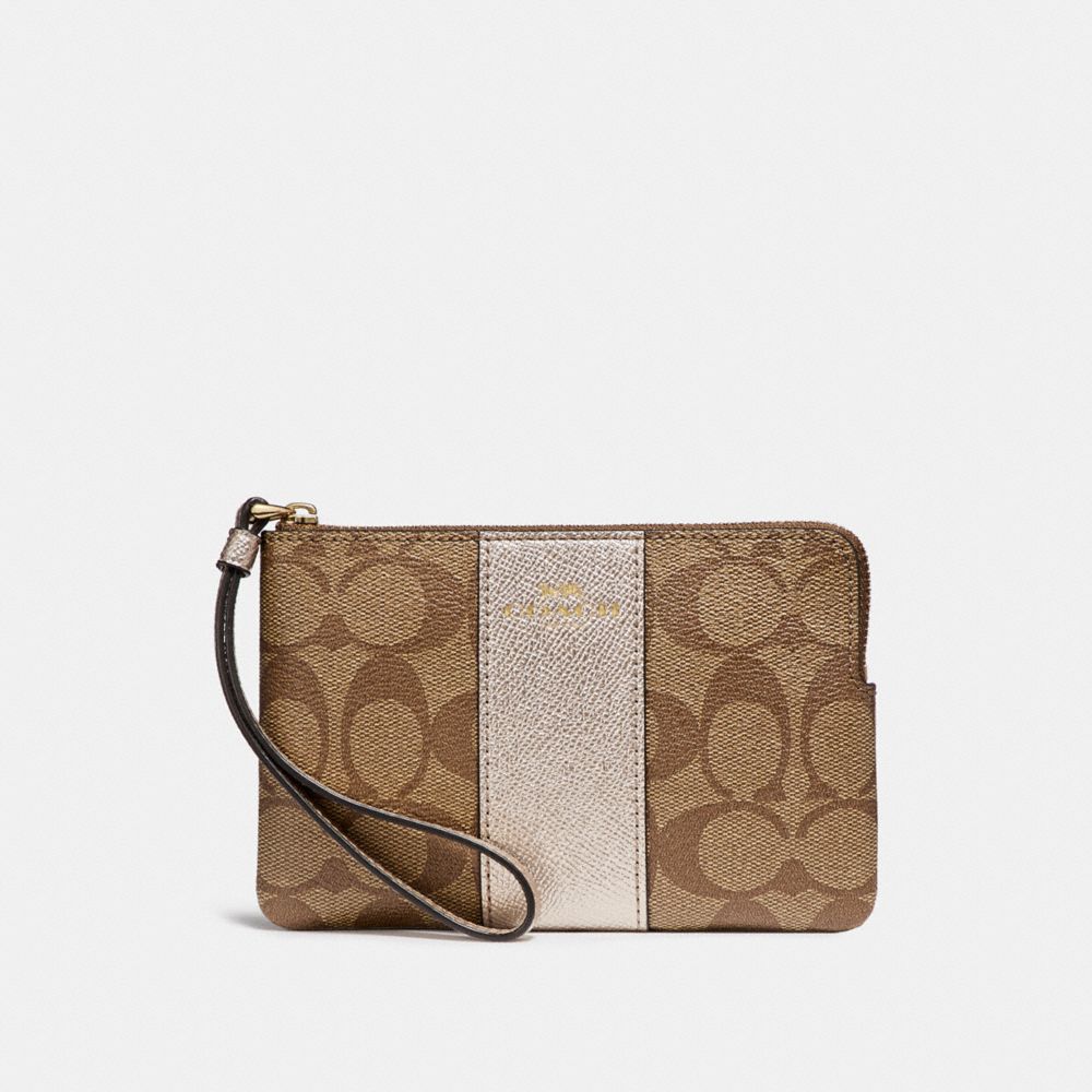 COACH F58035 CORNER ZIP WRISTLET IN SIGNATURE CANVAS LIGHT-GOLD/KHAKI