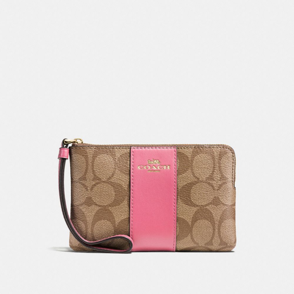 COACH F58035 CORNER ZIP WRISTLET IN SIGNATURE CANVAS KHAKI/PINK-RUBY/GOLD