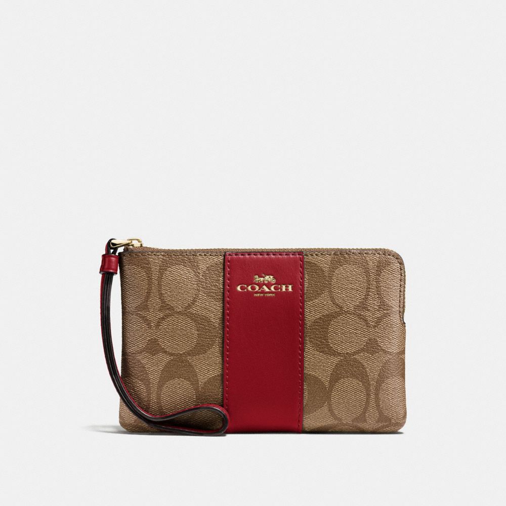 CORNER ZIP WRISTLET IN SIGNATURE CANVAS - F58035 - KHAKI/CHERRY/LIGHT GOLD