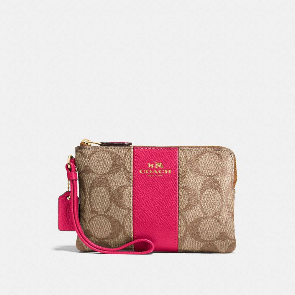 CORNER ZIP WRISTLET IN SIGNATURE COATED CANVAS WITH LEATHER STRIPE - f58035 - IMITATION GOLD/KHAKI/BRIGHT PINK