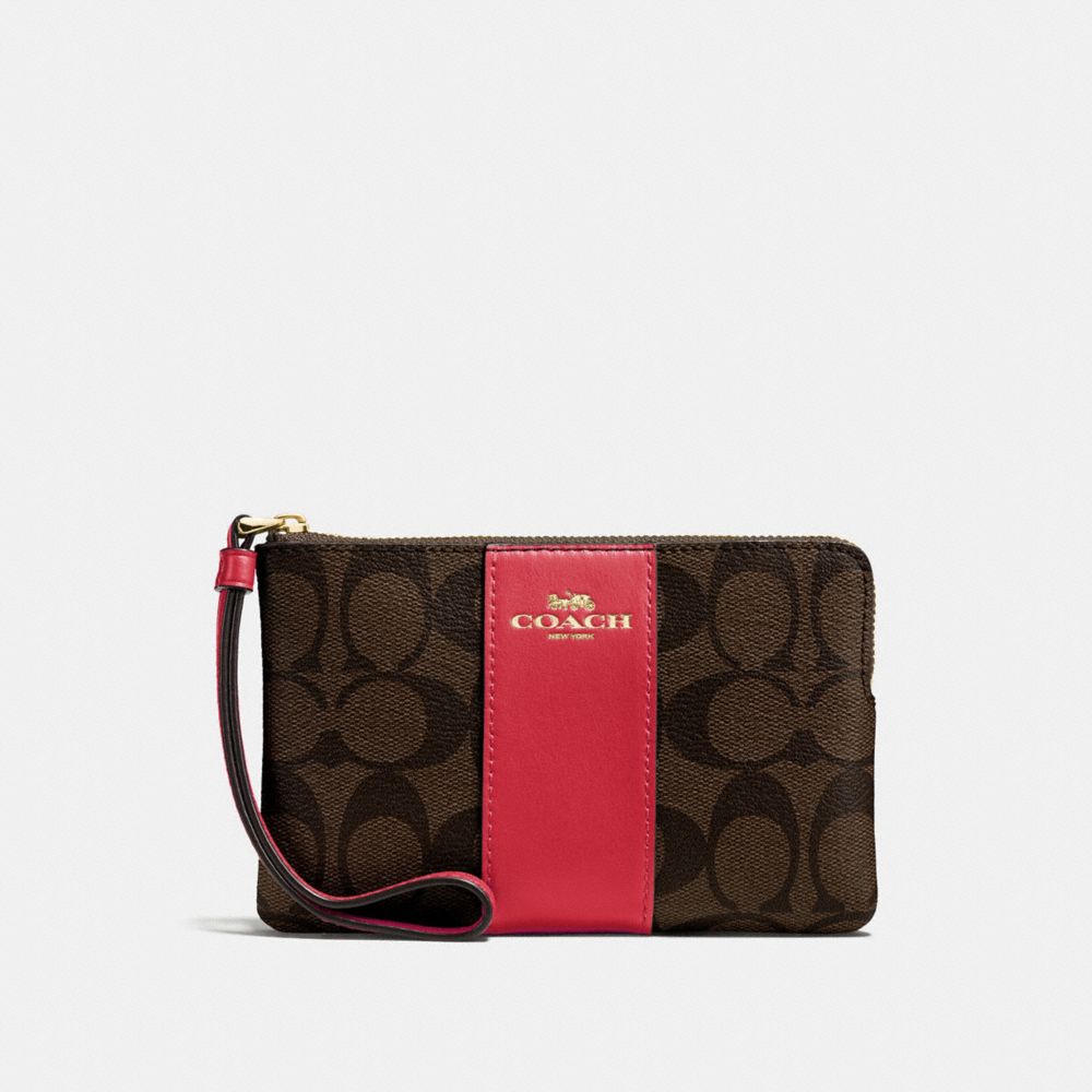 CORNER ZIP WRISTLET IN SIGNATURE CANVAS - F58035 - BROWN/TRUE RED/LIGHT GOLD