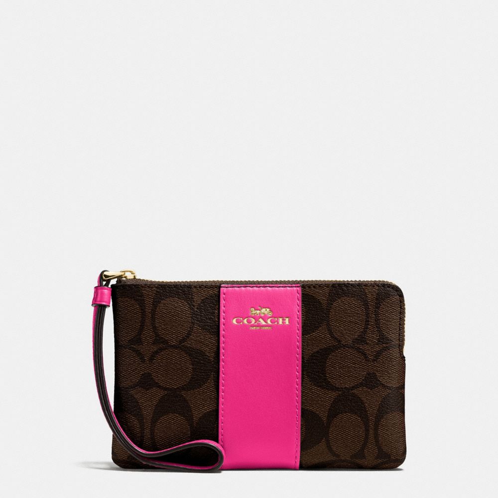 COACH CORNER ZIP WRISTLET IN SIGNATURE COATED CANVAS WITH LEATHER STRIPE - IMITATION GOLD/BROWN - F58035