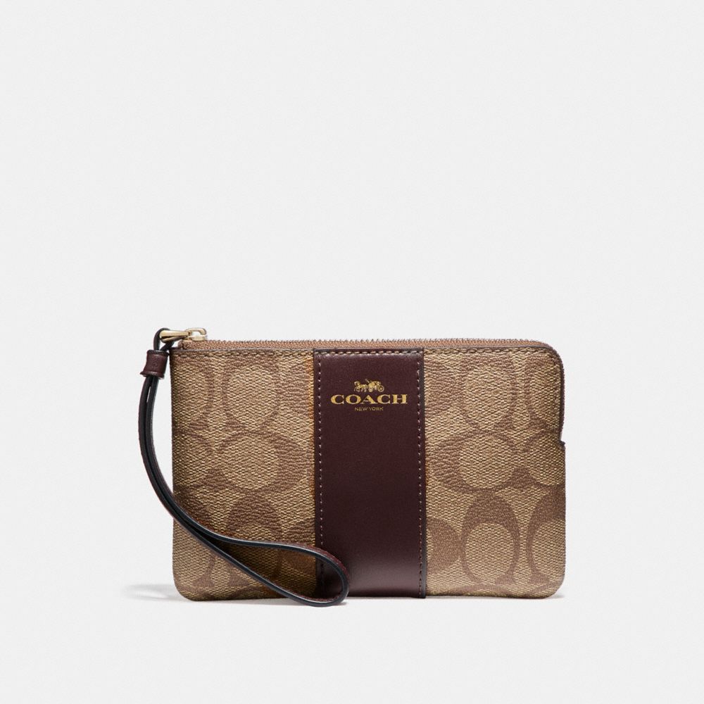 COACH F58035 Corner Zip Wristlet In Signature Coated Canvas With Leather Stripe LIGHT GOLD/KHAKI