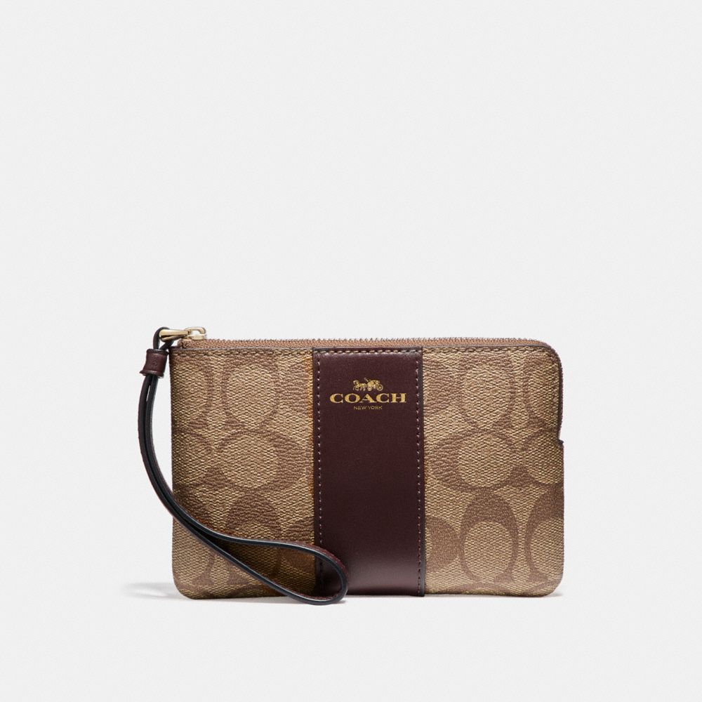 COACH F58035 - CORNER ZIP WRISTLET IN SIGNATURE COATED CANVAS WITH LEATHER STRIPE LIGHT GOLD/KHAKI