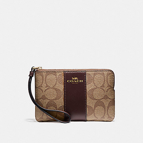 COACH F58035 CORNER ZIP WRISTLET IN SIGNATURE COATED CANVAS WITH LEATHER STRIPE LIGHT-GOLD/KHAKI