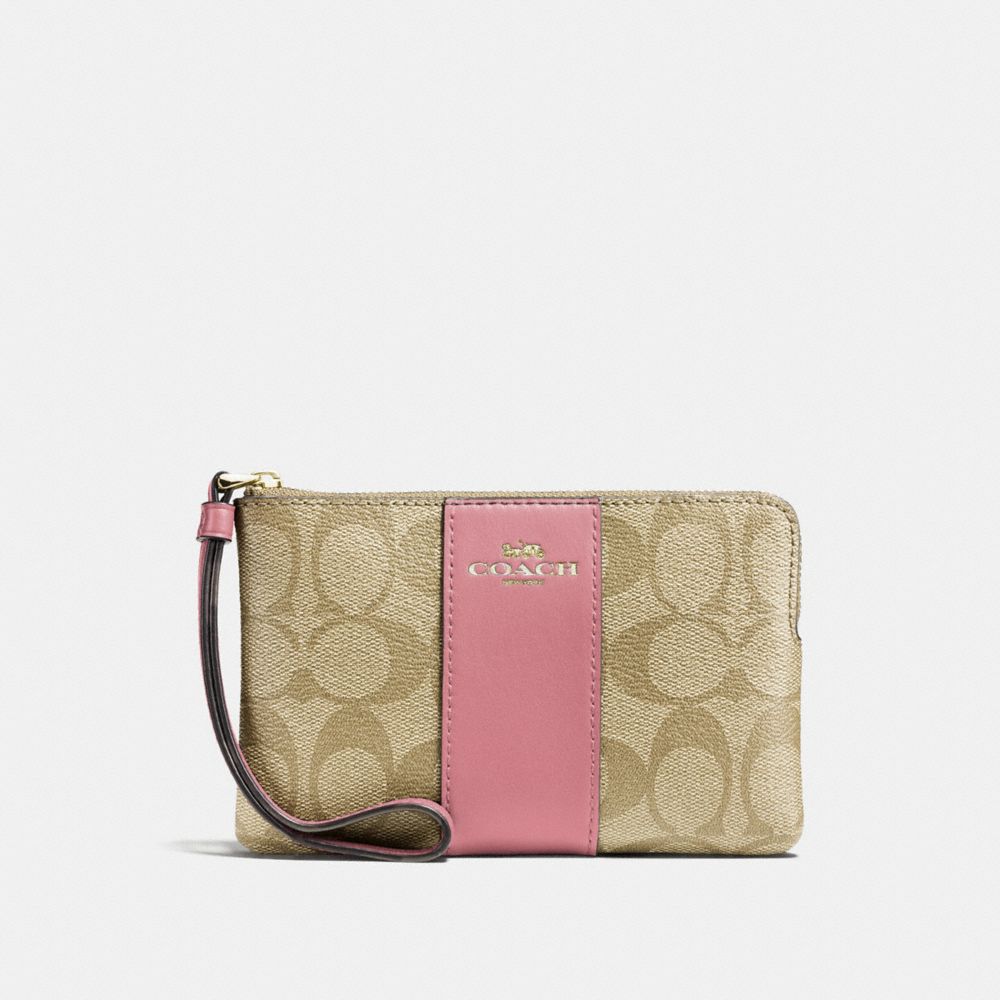 COACH F58035 Corner Zip Wristlet In Signature Canvas LIGHT KHAKI/VINTAGE PINK/IMITATION GOLD