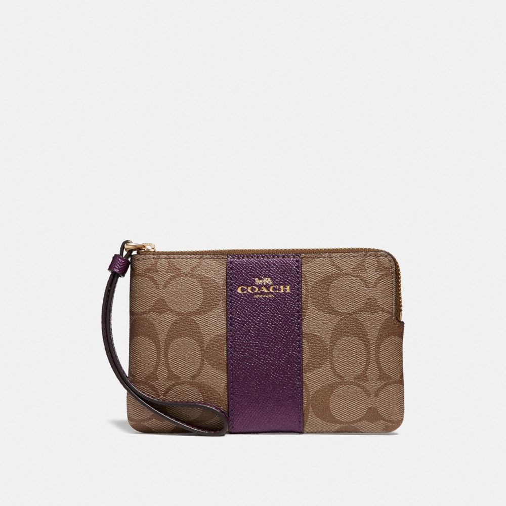 COACH F58035 Corner Zip Wristlet In Signature Canvas KHAKI/METALLIC RASPBERRY/LIGHT GOLD