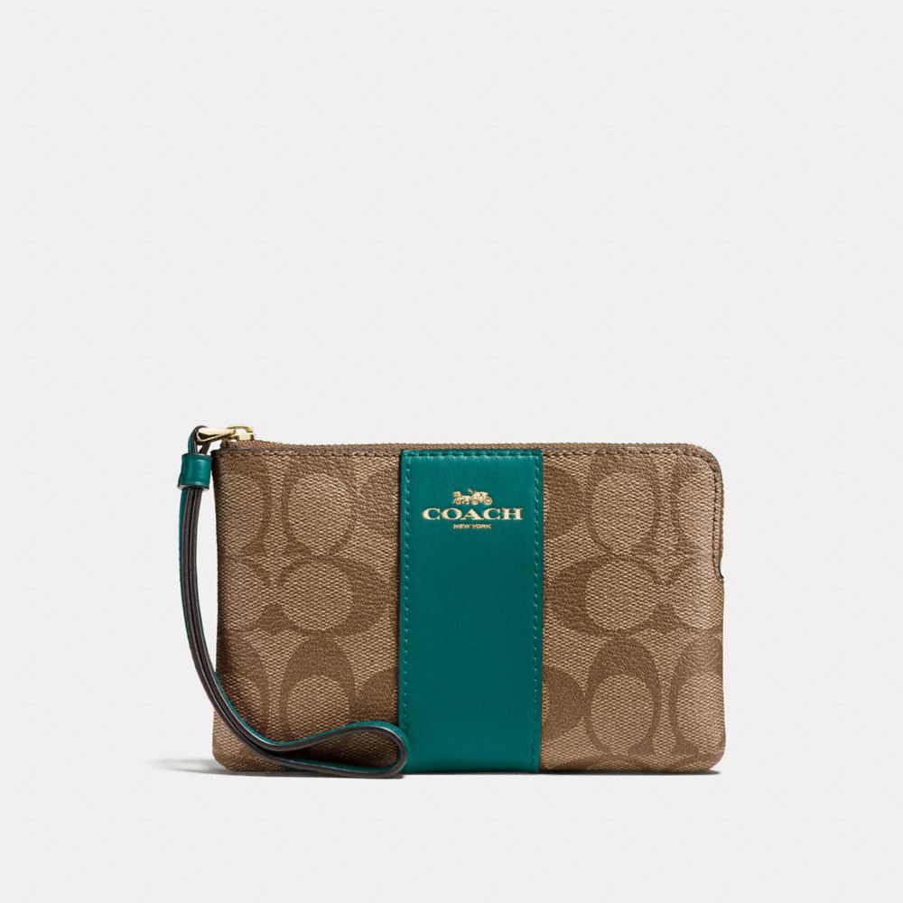 CORNER ZIP WRISTLET IN SIGNATURE CANVAS - F58035 - KHAKI/DARK TURQUOISE/LIGHT GOLD