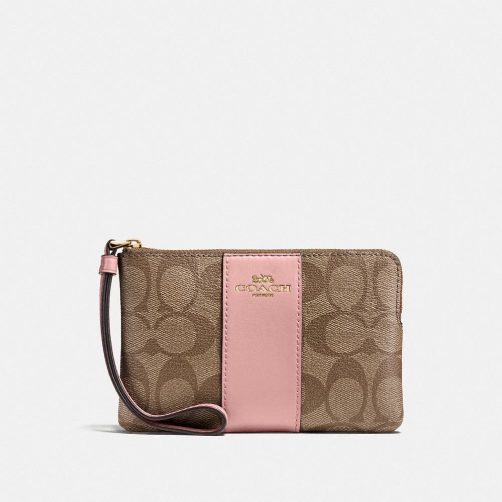 CORNER ZIP WRISTLET IN SIGNATURE CANVAS - F58035 - IM/KHAKI PINK PETAL