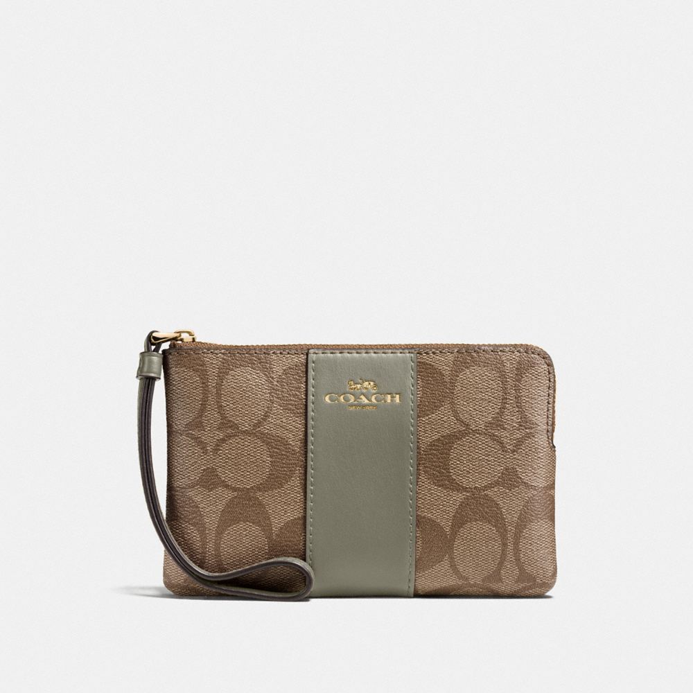 COACH F58035 Corner Zip Wristlet In Signature Canvas KHAKI/MILITARY GREEN/GOLD