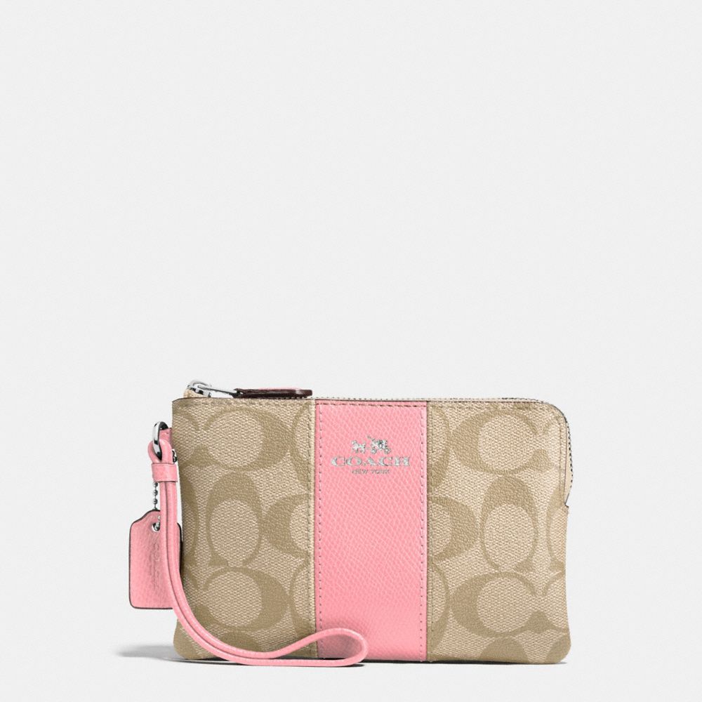 CORNER ZIP WRISTLET IN SIGNATURE COATED CANVAS WITH LEATHER STRIPE - SILVER/LIGHT KHAKI/BLUSH - COACH F58035