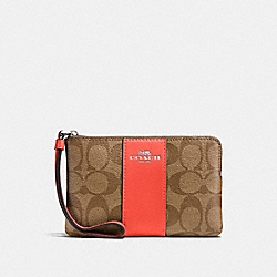 COACH F58035 - CORNER ZIP WRISTLET IN SIGNATURE COATED CANVAS WITH LEATHER STRIPE SILVER/KHAKI