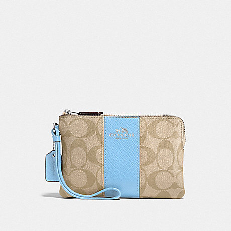 COACH F58035 CORNER ZIP WRISTLET IN SIGNATURE COATED CANVAS WITH LEATHER STRIPE SILVER/LIGHT-KHAKI