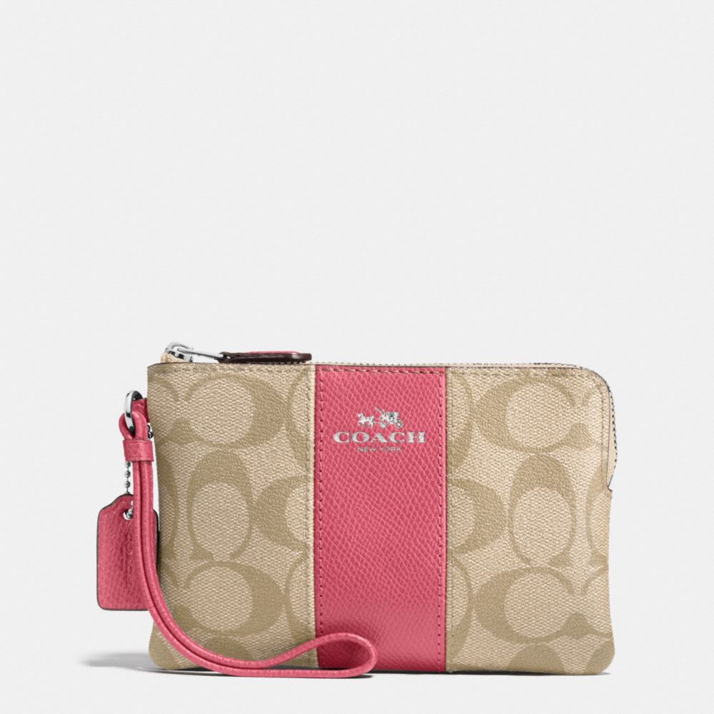 CORNER ZIP WRISTLET IN SIGNATURE COATED CANVAS WITH LEATHER STRIPE - f58035 - SILVER/LIGHT KHAKI/STRAWBERRY