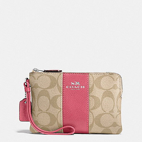 COACH f58035 CORNER ZIP WRISTLET IN SIGNATURE COATED CANVAS WITH LEATHER STRIPE SILVER/LIGHT KHAKI/STRAWBERRY